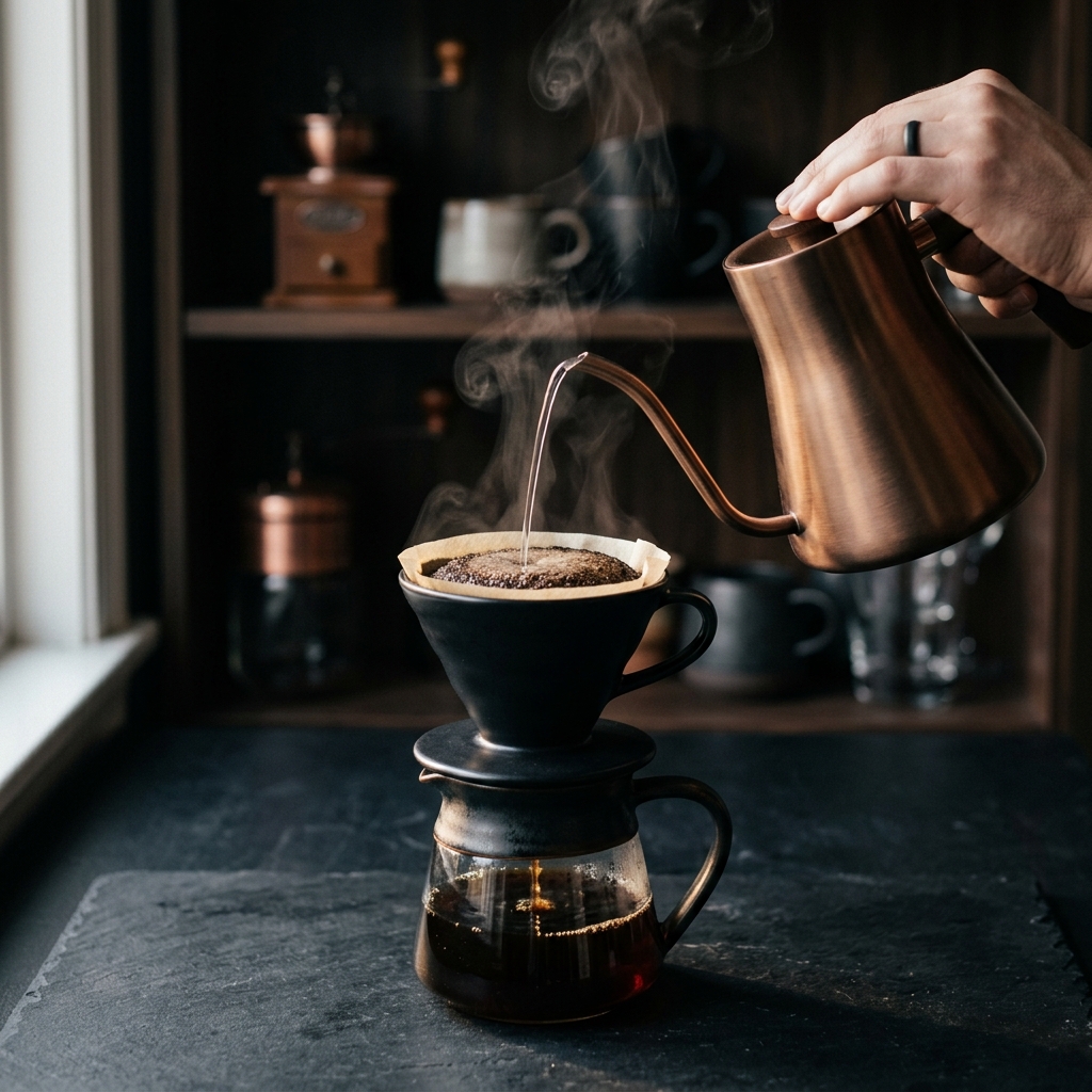 Slow pour-over coffee brewing